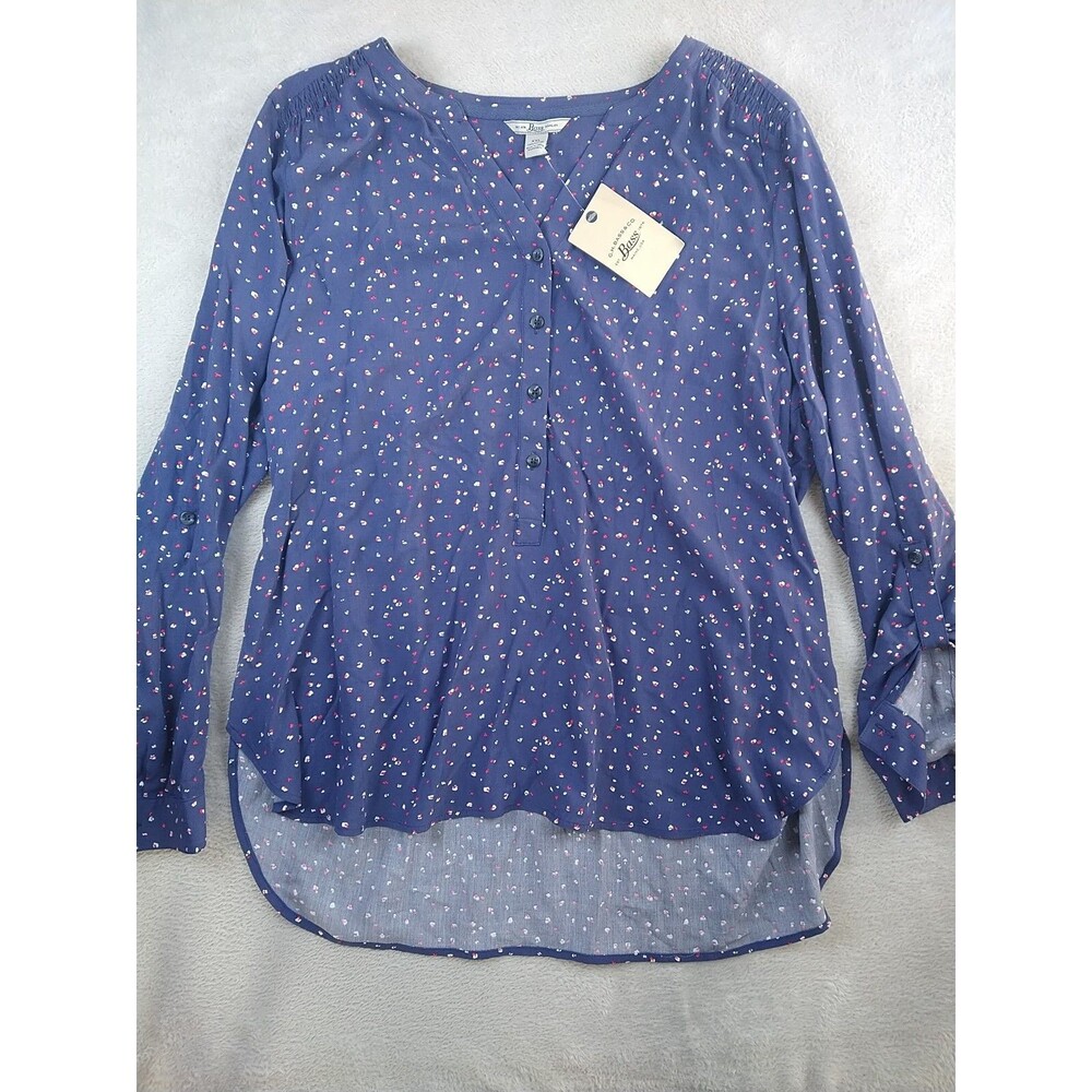 NEW G. H. Bass Henley Popover Shirt Women's XXL 2XL Blue Flowy Long Sleeve